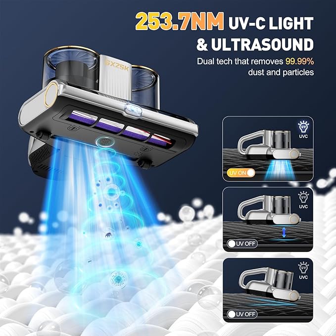 Mattress Vacuum Cleaner, 16kPa Bed Vacuum Cleaner with 253.7nm UV-C Light, Ultrasonic & 140℉ Heating, Dual Cup & Widen Suction Port Handheld Vacuums for Bed, Sofa, Couch, Crib (500W, Corded)