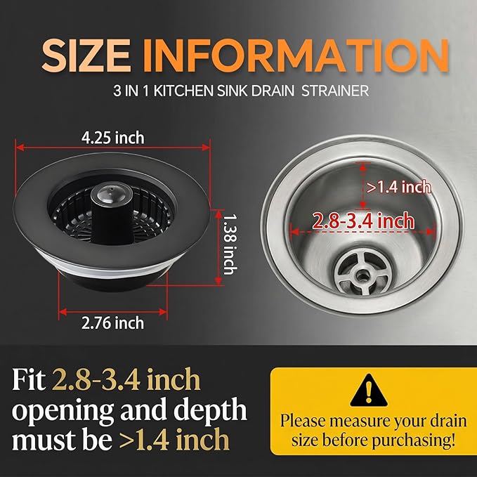 Kitchen Sink Stopper, 3 in 1 Pop Up Kitchen Sink Drain Strainer, with an Extra Basket Strainer, Sink Drain Stopper for US Standard 3-1/2 Inch, Brass Material Electroplate (Black)