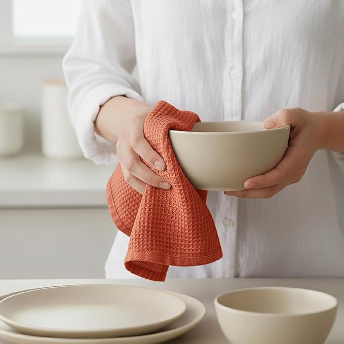 PurpleEssences Rust Waffle Weave Kitchen Towel, 100% Cotton 15x25 Inches, with Hanging Loop Soft Absorbent Quick Drying Dish Cloth, Tea and Hand Towels, 6 Pack - Christmas Holiday Winter - Rust
