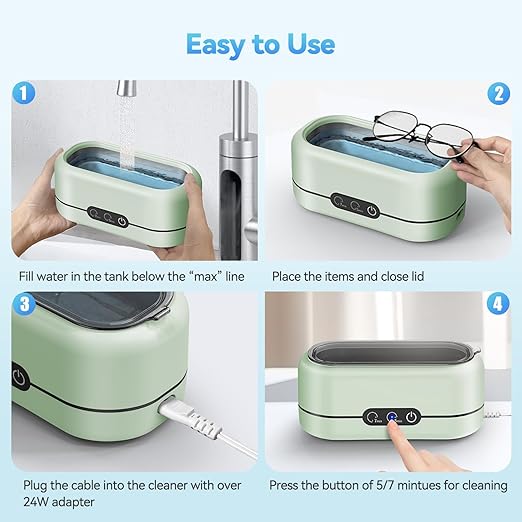 Ultrasonic Jewelry Cleaner 48KHz Ultrasonic Cleaner Machine for Jewelry, Glasses, Retainers, Rings, Dentures, Watch Strap 12oz 304 Stainless Steel- Green