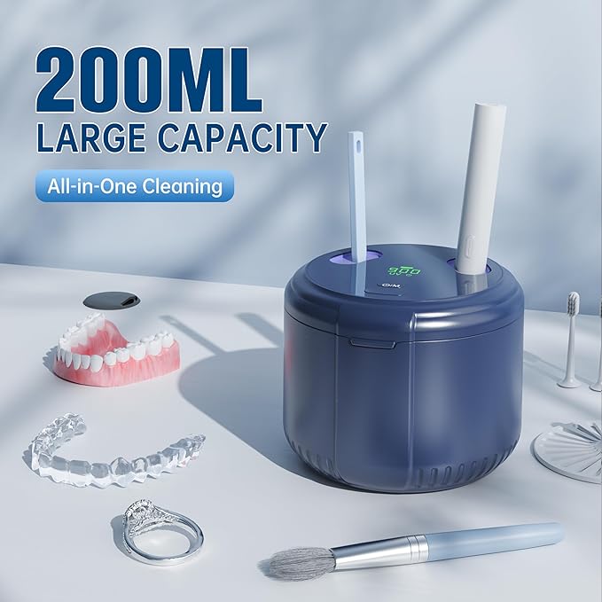 45kHz Ultrasonic Retainer Cleaner Machine, 200ML Dental Deep Cleaning Pod for Dentures, Aligners, Invisalign, Mouth Guards, Night Guards, Jewelry, Toothbrush (Blue)