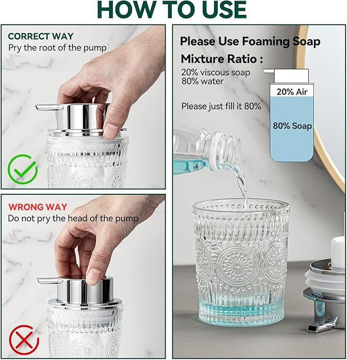 Small Foaming Soap Dispenser, 7 Oz Clear Glass Foam Hand Soap Dispenser for Bathroom, Hand Wash Dispenser with Silver Foam Pump, Refillable Liquid Dish Soap Foam Dispenser for Kitchen