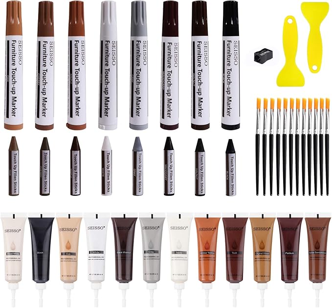 SEISSO Wood Furniture Repair Kit - Set of 42 Hardwood Laminate Vinyl Floor Repair Kit Wood Fillers, Markers and Wax Sticks - Used for Cover Ups Scratches, Stains, Holes for Table, Door, Cabinet