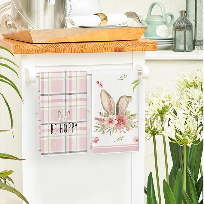 Artoid Mode Pink Bunny Rabbit Ears Floral Leaves Easter Kitchen Towels Dish Towels, 18x26 Inch Be Kind Seasonal Decoration Hand Towels Set of 4