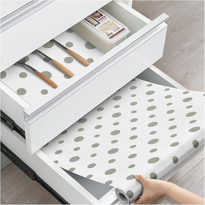 Drawer and Shelf Liner, Non-Slip Kitchen Cabinet Liners Non-Adhesive Thick Strong Grip Waterproof Washable Mats Protect Dresser Shelves Cupboard Bathroom Cabinets, Polka Dot, 24 in X 30 FT