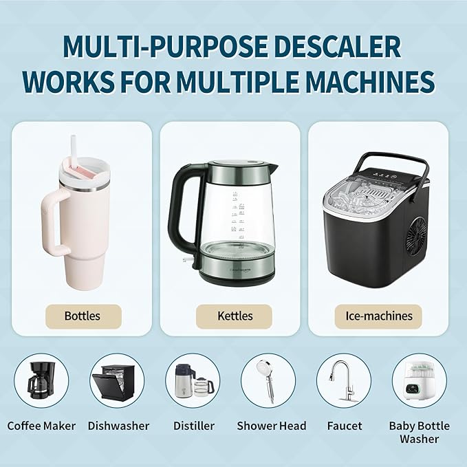 Multi-Purpose Descaler and Cleaner Powder (60-Uses) for Ice Maker Machine, Kettle, Tumbler, Bottles, Coffee Machine, Faucets, Shower Head, Limescale and Build-Up Remover, 20*0.35 oz (3 Packs)