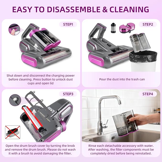 Mattress Vacuum Cordless with 16Kpa Suction & HEPA Dust Cups, 253.7nm UV-C Light & Ultrasonic, Low Noise Widened Suction Port Handheld Vacuum for Bed Pillows Couch Car Seat Rugs, Gray Purple