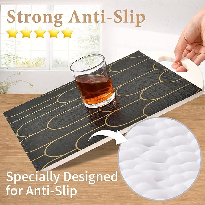 Shelf Liners for Kitchen Cabinets Drawer Liner 12in x 20FT Non Adhesive Black Gold Line Thickened Refrigerator Shelf Liner Paper Strong Easy to Clean for Tool Box with Knife and Tape Measure