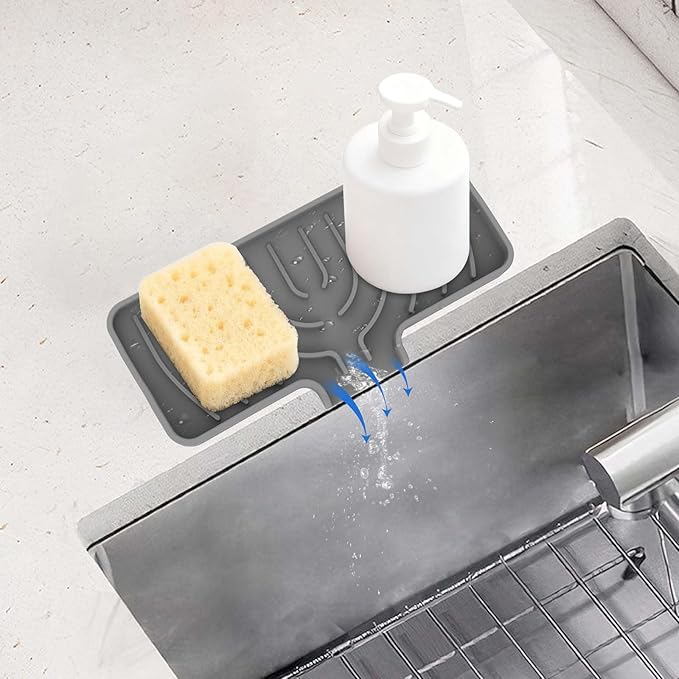 Silicone Sponge Holder for Kitchen Sink With Drain Spout, Self Draining, 10×4inch Kitchen Soap Tray, Bathroom Organizer, Sink Caddy, Perfect for Dispenser, Scrubber, Bottle, Cup on Counter (Gray)