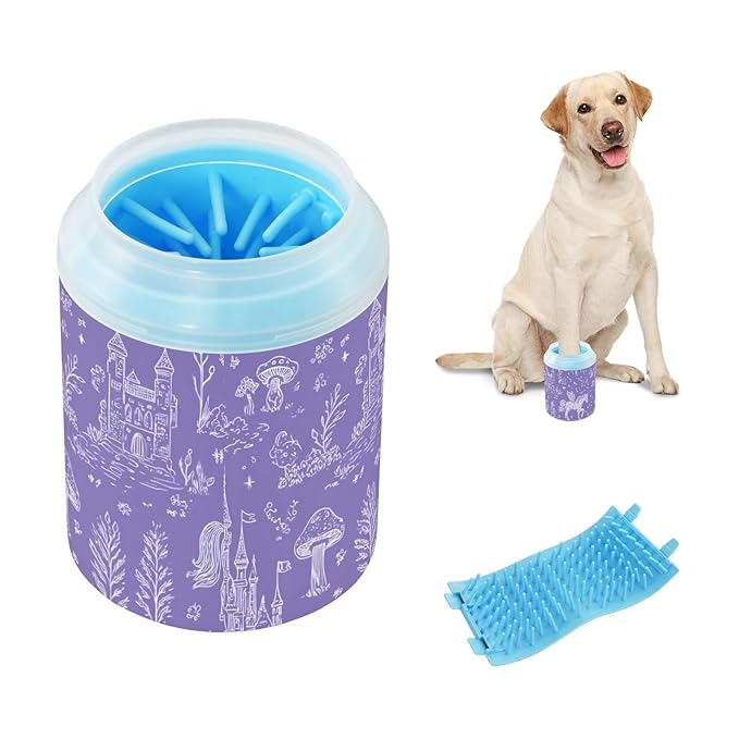 Dog Paw Cleaner Cups for Dogs Pet Foot Washer Paw Scrubber for Medium Small Large Dogs Cats Cleaning Cup Purple Unicorns Castles
