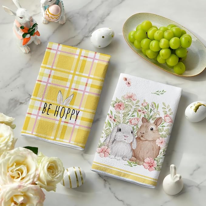 Artoid Mode Yellow Stripe Polka dots Rabbit Bunny Easter Kitchen Towels Dish Towels, 18x26 Inch Seasonal Spring Decoration Cleaning Set of 4