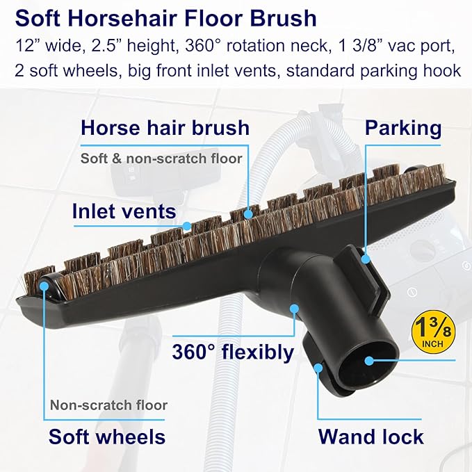 Portek 12" Hard Floor Brush Replacement Compatible with Miele Vacuum Cleaners, Upgraded Horsehair Bristles Floorhead Vacuum Attachment with Wheels, Ideal for Hardwood Cleaning, 2.5" Low Height, Black