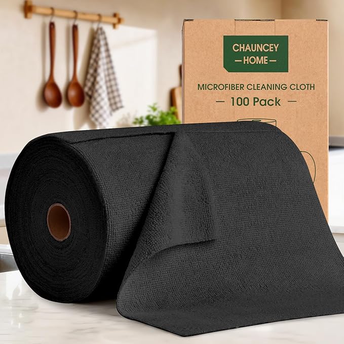 Microfiber Cleaning Cloth Roll - 100 Pack Tear Away Microfiber Paper Towels, Reusable, Washable, Scratch-Free, Kitchen Towels for Car, Home, Kitchen, Glass, Dishes (Black)