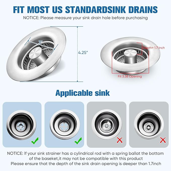 2 Pack Sink Drain Strainer Kitchen Sink Drain Strainer&Sink Stopper,Stainless Steel Pop up Sink Drain Strainer,Anti-Clogging Basket Strainer,High Durability with Brass Core,Fit 3-1/2",Chrome