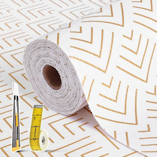 Shelf Liner for Kitchen Cabinets 12in x 10FT Non Adhesive Drawer Liner Non-Slip Thickened Shelf Liner Paper Strong Easy to Clean for Tool Box Refrigerator with Knife and Tape Measure, Gold Arrow