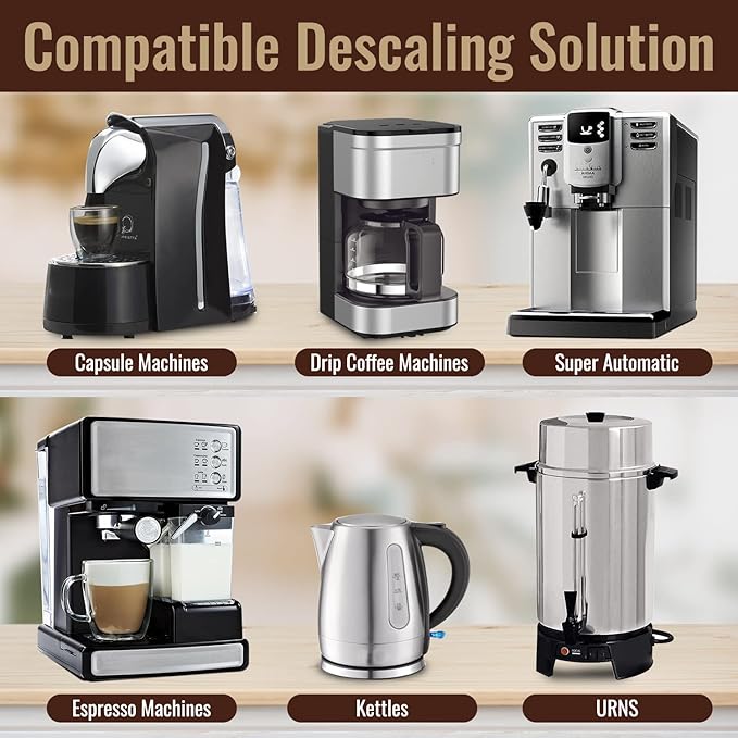 Coffee Machine Descaler Descaling Solution - Made in the USA - 2 Uses Per Bottle – Universal Cleaning Descaler for Keurig, Nespresso, Breville, Delonghi Coffee Makers & Espresso Machines – Pack of 4