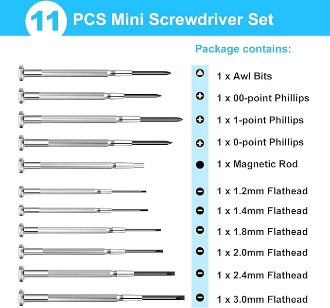 11 PCS Mini Precision Screwdriver Set, Small Screwdriver Set, Tiny Screw Driver Kit with Slotted and Phillips Heads for Watch, Eyeglasses, Toys, Electronics, Computer, Jewelry Repair