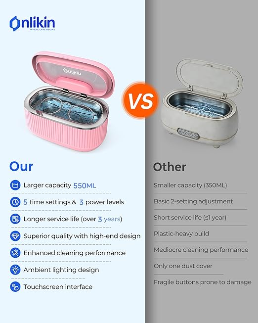 35W Ultrasonic Jewelry Cleaner, 45KHz Retainer Cleaner for Jewelry, 5 Timer & 3 Power Modes, Eyeglasses, Rings, Watch Strap, Dentures - 20oz, 304 Stainless Steel Tank, Quiet <38dB (Pink)