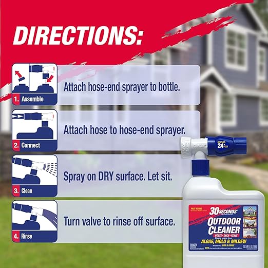 30 Seconds Outdoor Cleaner | Cleans Moss & Algae Stains from House, Vinyl Siding, Deck, Patio, Fence - 3 Capped Bottles, 1 Hose End Spray Attachment (64 Fl Oz (Pack of 3)