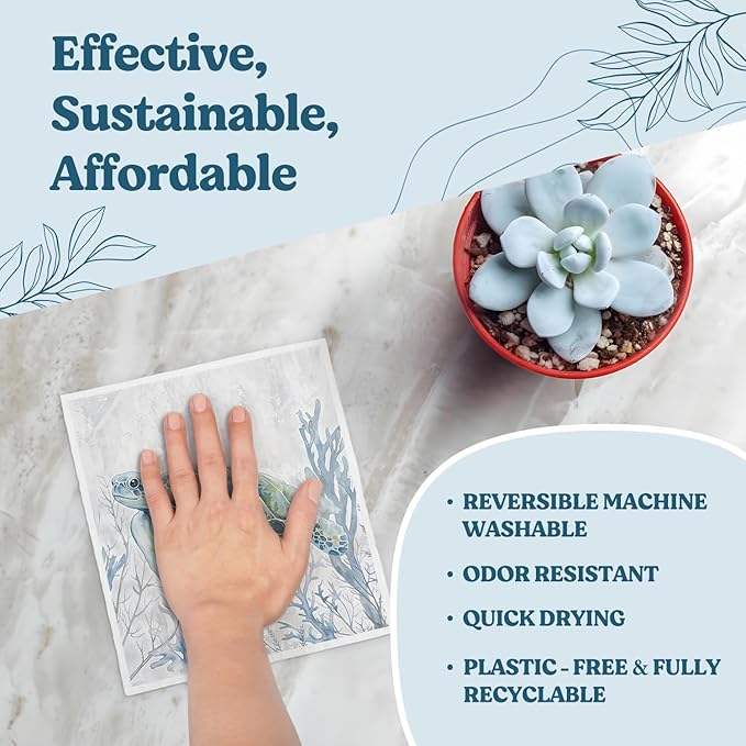Swedish Dishcloths for Kitchen, Coastal Ocean Turtle Kitchen Dish Towels for Washing Dishes, 4 Pack Reusable Paper Towels Washable, Sponge Cloths for Home Cleaning Baking Cooking Decor