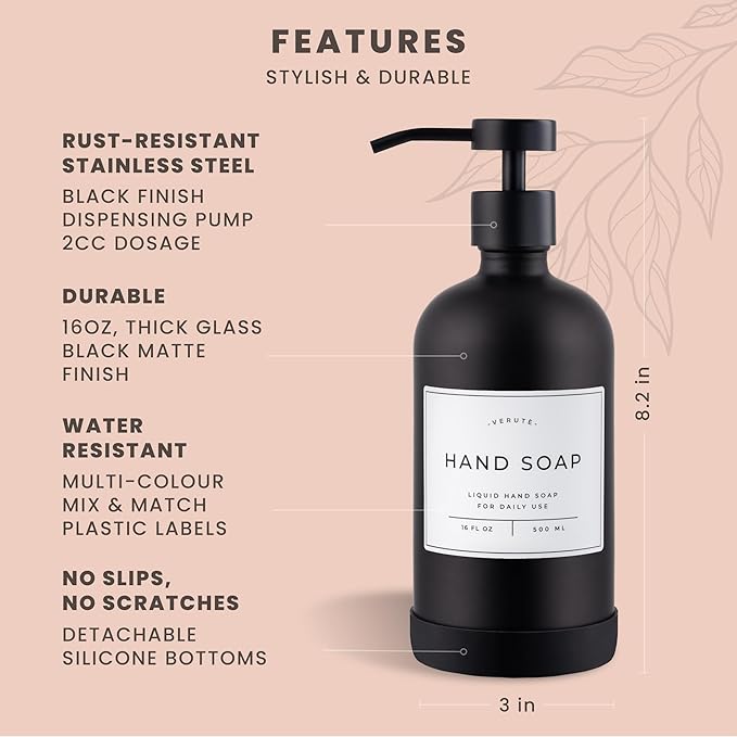 Hand and Dish Soap Dispenser for Kitchen and Bathroom, Set of 2 16 Oz Glass Bottles, Stainless Steel Pumps, Non-Slip Silicone Base, 27 Waterproof Labels (Matte Black Bottle/Black Pump)