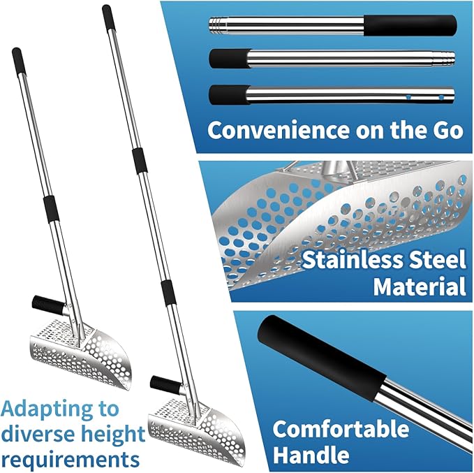Long Handle Sand Scoop,with Metal Detector Pinpointer,Stainless Steel Beach Metal Detecting Shovel for Adults, Ideal for Underwater Treasure Hunting,Beach Sifting,Excavation Tools