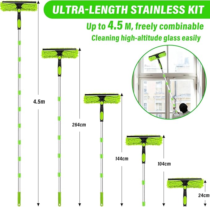 4.5M/14.7ft Window Cleaning Squeegee Tools, 3-in-1 Window Washing Kit with 10 Extension Pole, 2 Microfiber Cloth Brush & Squeegee, Telescopic Window Cleaner Tool for High Window, Car Glass