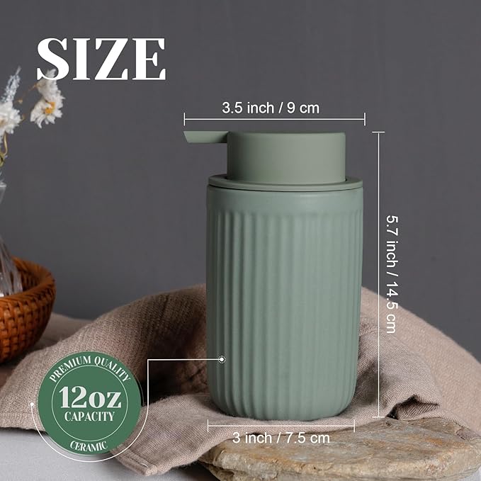 INGOFIN Ceramic Lotion Dispenser - 12oz Refillable Hand Soap Dispenser Bathroom, Modern Liquid Soap Dispenser with Pump, Dish Dispenser for Kitchen, Sage Green