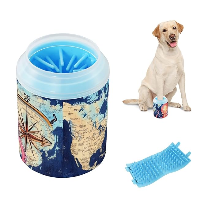 Dog Paw Cleaner Cups for Dogs Pet Foot Washer Paw Scrubber for Small Medium Large Dogs Cats Cleaning Cup Blue World Map and Octopus
