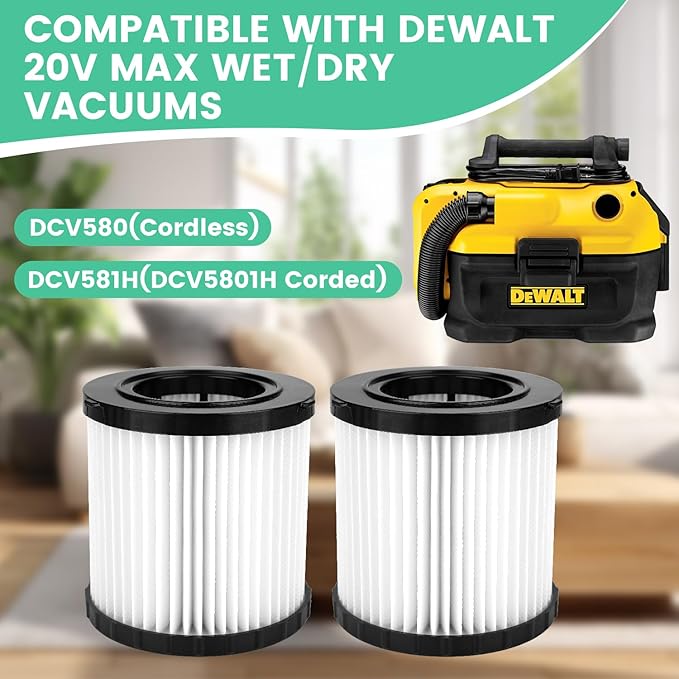 2 Pack DCV5801H Washable Vacuum Filter Compatible with DEWAlT DCV580H DCV581H, DCV5801H 20V MAX Wet Dry Shop Vacuum Replacement Filter with Cleaning Brush