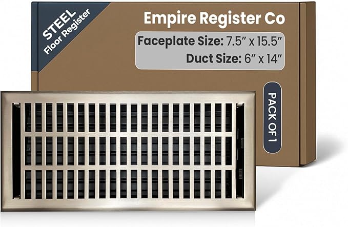 Empire Register Co, Vent Cover - 6x14 inch, Modern Contemporary Design, Brushed Nickel Finish, Heavy Duty Floor Vent Covers, Metal Damper Attached Vent Covers for Home Floor only