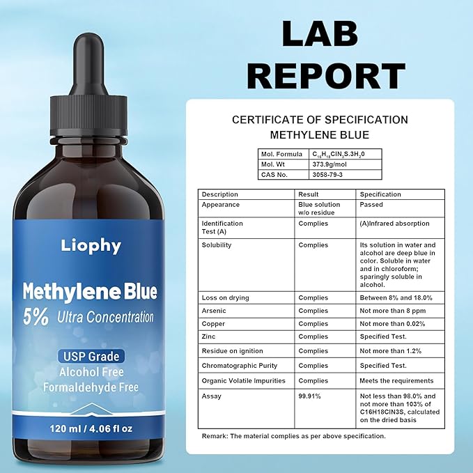 Methylene Blue Pharmaceutical Grade 5% Drops, 120 mL – High Purity 99.99% Methylene Blue for Humans, Formaldehyde and Alcohol Free (ups Grade)