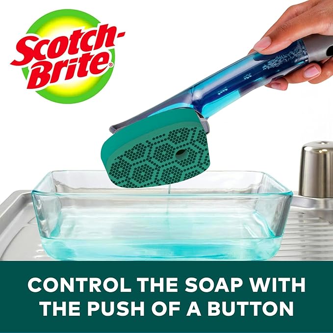 Scotch-Brite Advanced Soap Control Heavy Duty Dishwand Full Kit with 6 Heavy Duty Scrub Dots Refills, Leak-Free Soap Dispensing, Non-Slip Handle, Tough Scrubbing for Kitchen Dishes, Pots & Pans