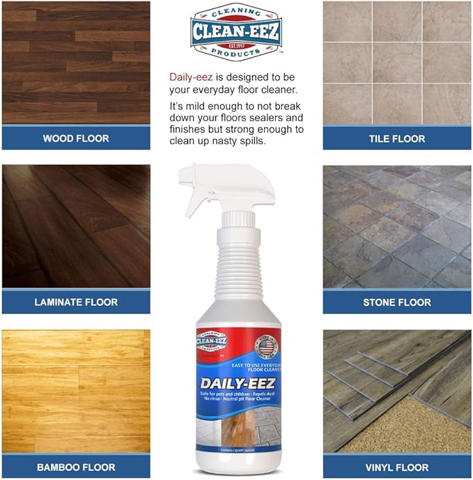 Daily Wood, Laminate, Tile, Stone Floor Cleaner from Clean-eez Streak Free Maintenance Cleaner Spray. Removes Footprints, Dirt, Spills, Repels Dust. 32 oz. RTU