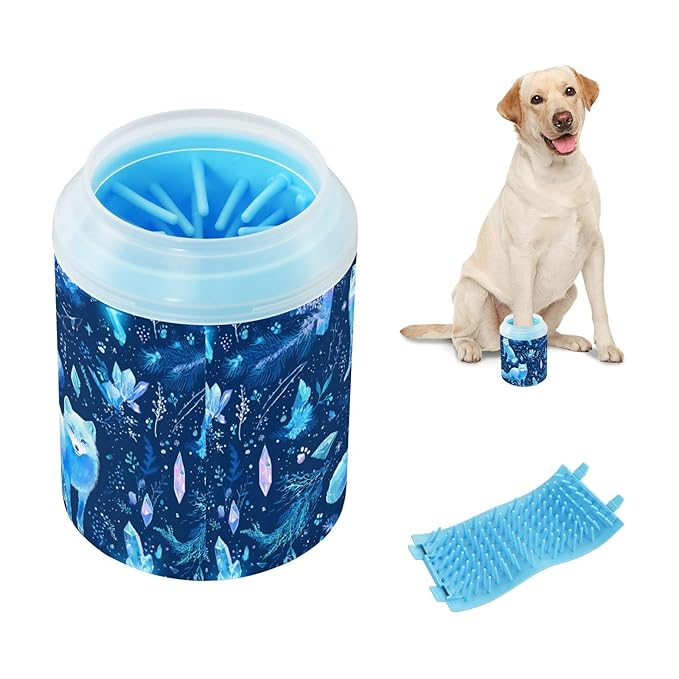 Dog Paw Cleaner Cups for Dogs Pet Foot Washer Paw Scrubber for Medium Small Large Dogs Cats Cleaning Cup Blue Foxes Crystal Plant