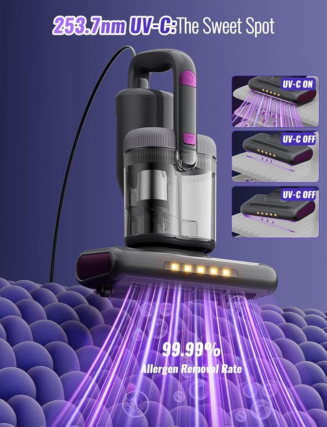 GHUSTAR Bed Mattress Vacuum Cleaner New Folding Design - 18 Kpa Cleaner Vacuum with HEPA Filter, 253.7nm UV-C Light and 140°F Heat - Powerful Handheld Vacuums for Bed Couch Crib Carpet