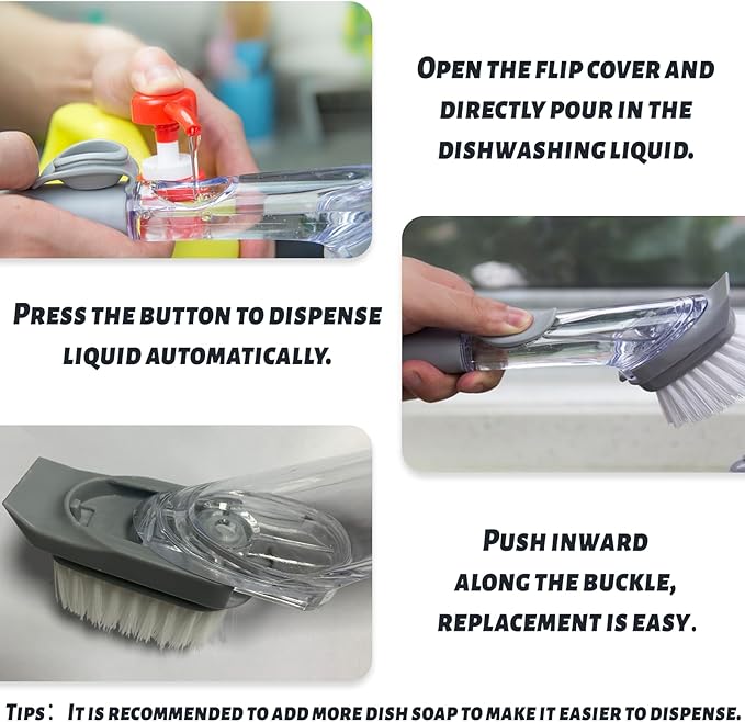 Dish Brush,Dish Scrubber with Soap Dispenser,Dish Wand,Kitchen Brushes for Dishes,Includes Three Brush Heads