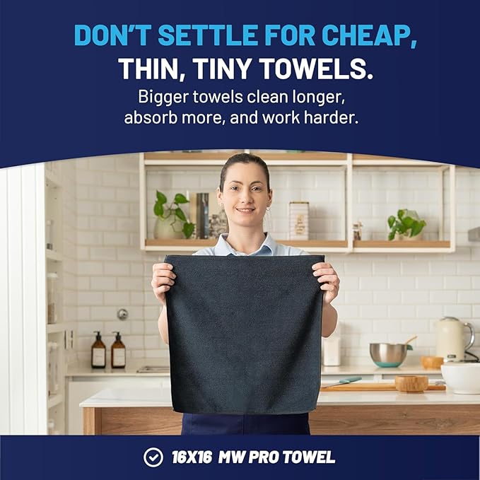 MW PRO Microfiber Cleaning Cloths Black (12 Pack, 12x12) - Commercial Janitorial Towels & Lint Free Rags - Heavy Duty for Auto Detailing, Glass Windows, Housekeeping & Screens - Washable 300+ Times