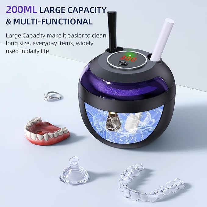 Retainer Cleaner, 45kHz Ultrasonic Retainer Cleaner Machine with 200ML Capacity & 4 Modes for Dentures, Aligners, Mouthguards, Retainers, Jewelry and Dental Cleaning Pod