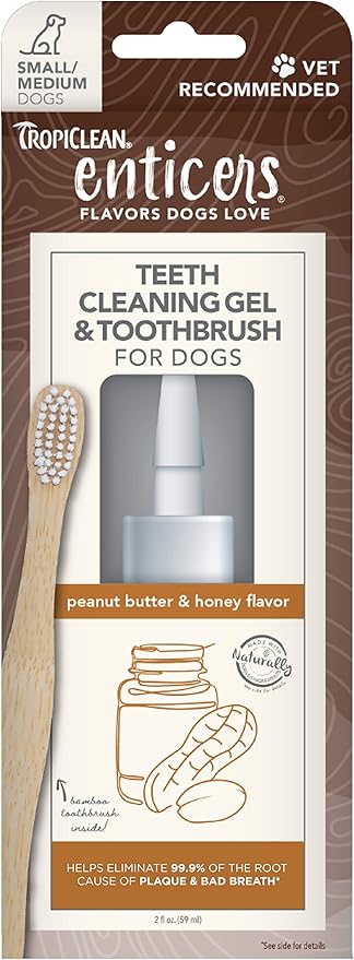 TropiClean Enticers Teeth Cleaning Gel & Toothbrush for S/M Dogs | Peanut Butter & Honey | Bamboo Brush Speeds Up Plaque Removal | Gell Helps Fight Bad Breath | 2 oz