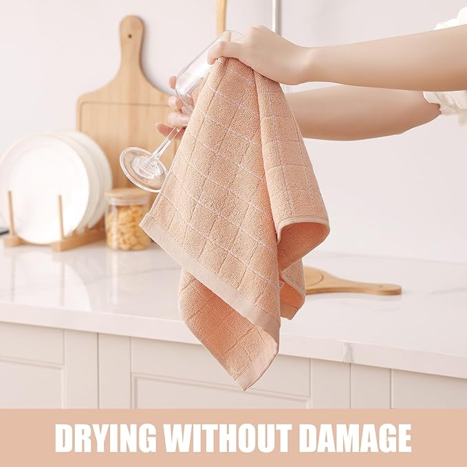 Homaxy 100% Cotton Terry Kitchen Towels(Apricot, 13 x 28 inches), Checkered Designed, Soft and Super Absorbent Dish Towels, 8 Pack