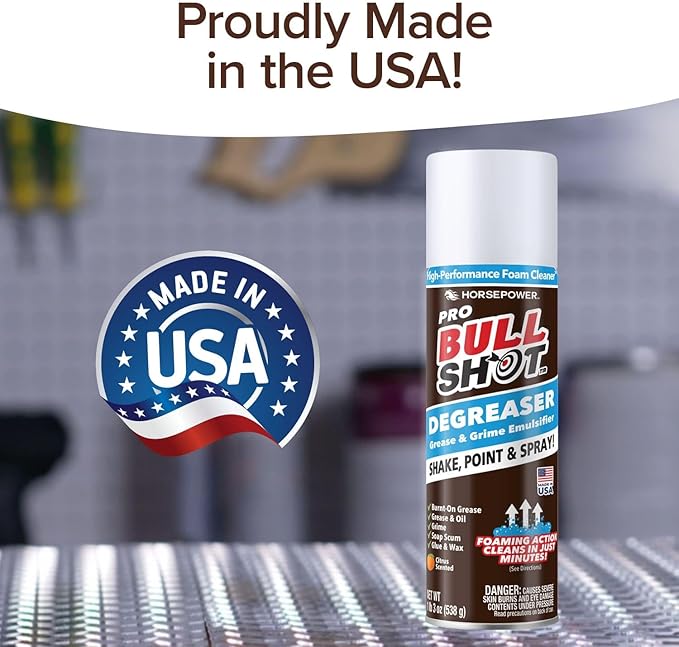 Bull Shot Degreaser Pro, Foaming Degreaser & Grime Remover, Heavy-Duty, AS SEEN ON TV, Residue-Free, Shake, Point & Spray, Emulsifies Grease, Oil Splatters, Glue, Tape Residue & More - Made in the USA