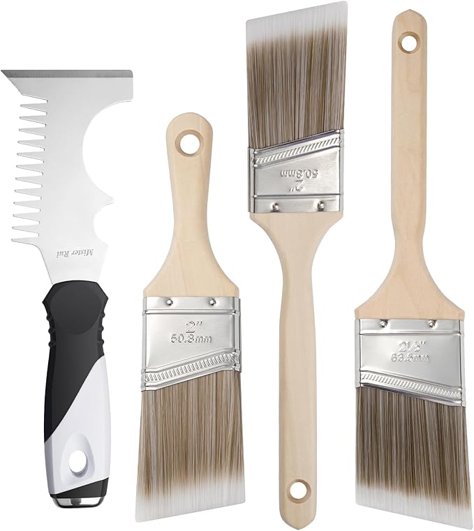 Mister Rui Paint Brush 4 Piece Set, 2" Short & Long Handle, 2.5" Angled Brushes with Paint Comb, Commercial Grade Trim, Cabinet, Roller Brushes