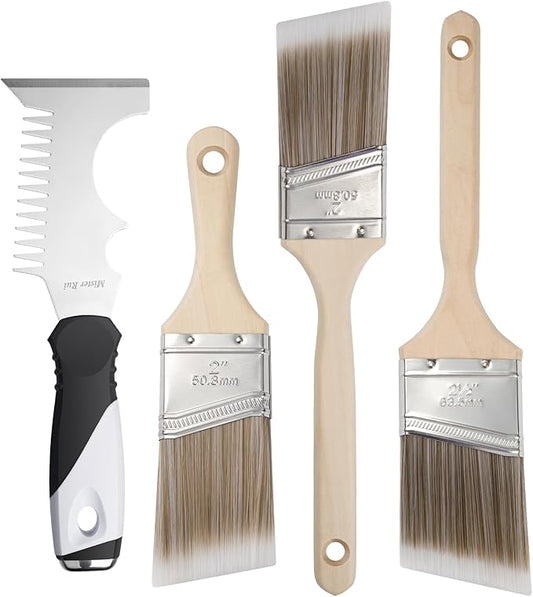 Mister Rui Paint Brush 4 Piece Set, 2" Short & Long Handle, 2.5" Angled Brushes with Paint Comb, Commercial Grade Trim, Cabinet, Roller Brushes