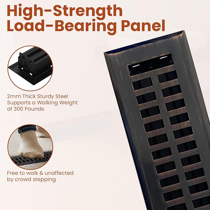 Empire Register Co, Decorative Air Vent Covers - 2x10 inch, Modern Contemporary Design, Oil Rubbed Bronze Finish, Heavy Duty Walkable Floor Register, Metal Damper Attached