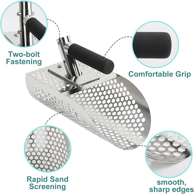Long Handle Sand Scoop, Stainless Steel Shovel Scoop for Metal Detecting for Adults, Shovel Underwater Treasure Hunting, Adjustable Length, Handheld with Long Steel Handle Pole Design