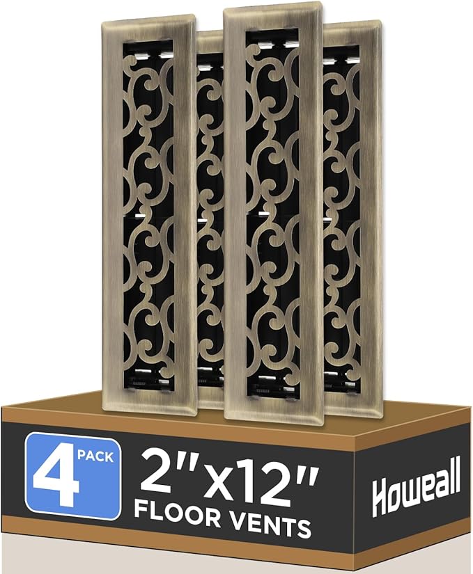 2x12 Inches 4 Pack Heavy Duty Walkable Floor Register - Easy Adjust Air Supply Lever Decorative Floor Vent Covers, Savannah Design Vent Covers for Home - Antique Brass