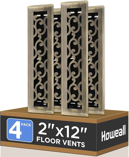 2x12 Inches 4 Pack Heavy Duty Walkable Floor Register - Easy Adjust Air Supply Lever Decorative Floor Vent Covers, Savannah Design Vent Covers for Home - Antique Brass
