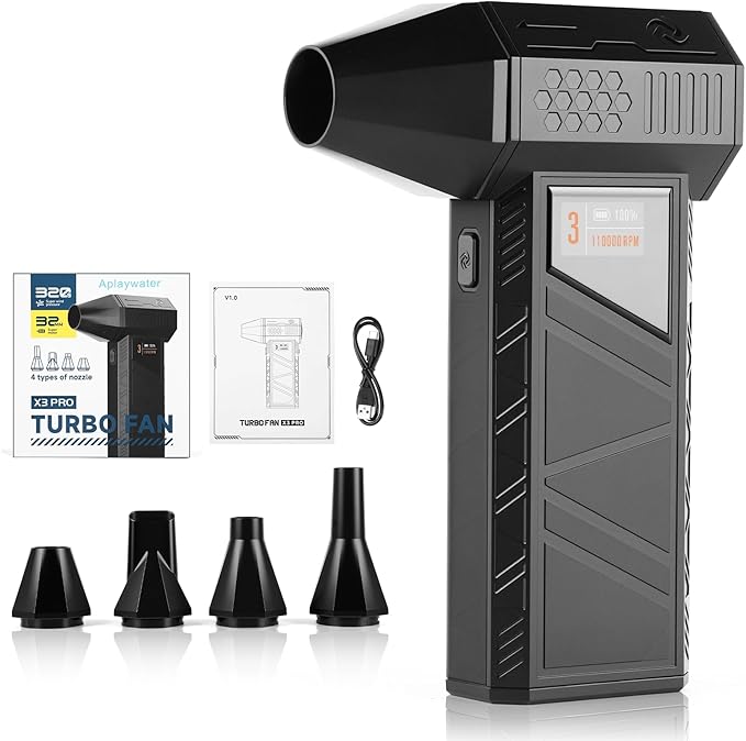 Electric Compressed Air Duster & Cordless Air Blower - Smart Display, Max 70m/s Wind & 330g Thrust, for Keyboard Cleaning, Car Drying, PC, Barber, Garage, USB-C Power Bank, 100Min, 4 Nozzles