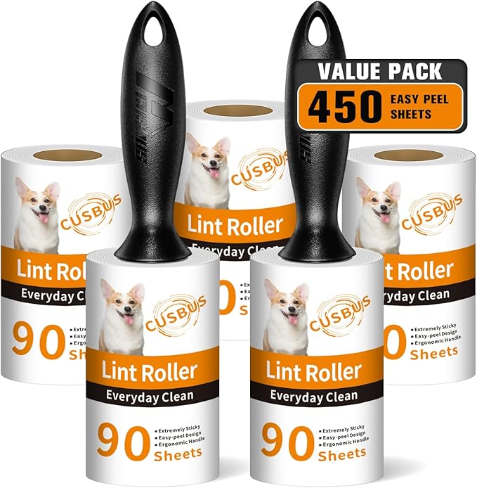 Cusbus Lint Rollers for Pet Hair - Extra Sticky, [450 Sheets/5 Refills] Lint Roller with 2 Upgraded Handles, Portable Lint Remover Brush for Dog & Cat Hair